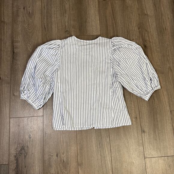 Madewell Puff-Sleeve Button-Up Top WMNS 6 Blue White Striped Crew Neck Oversized - Picture 7 of 9